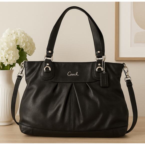 COACH Ashley Leather Satchel Black Large Shoulder Bag - Picture 1 of 13